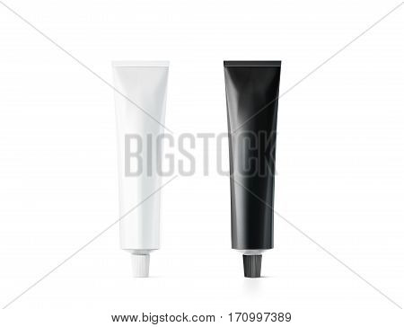 Blank black and white tube mockup 3d rendering. Clear paint or cream pack design mock up. Clean ointment gel bottle template set stand front view. Empty paste packaging cover. Plastic package