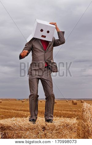 a man with the head of the cardboard box dancing on a haystack