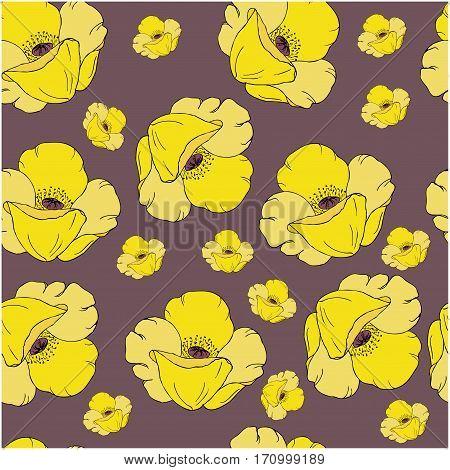 Seamless pattern with yellow poppy flowers on dark background. Perfect for wallpapers wrapping papers pattern fills textile autumn greeting cards