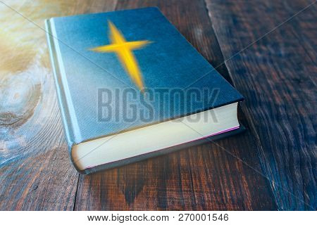 Holy Bible On Old Wooden Church Table, Top View