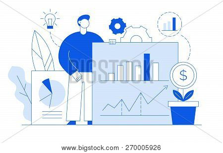 Vector Flat Line Style Business And Finance  Design Concept With Big Modern Person  Holding Financia