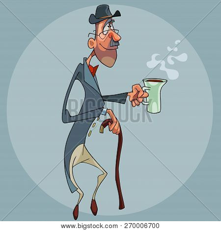 Cartoon Man In Tails And Hat With A Cane With A Mug In His Hand