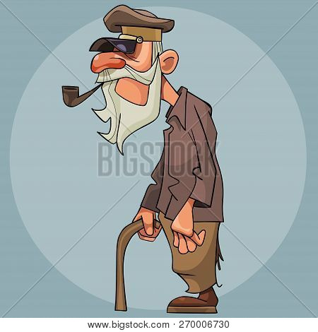 Cartoon Old Man Smoking Pipe And Leaning On A Cane