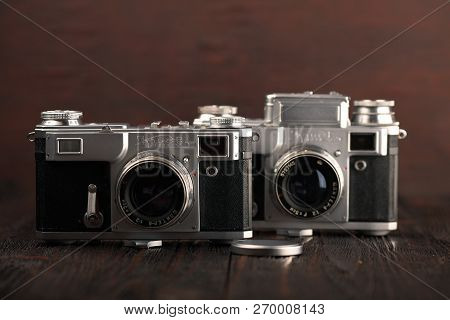 Moscow, Russia, April 18, 2017. The Old Soviet Rangefinder Cameras Contax-3, Kiev-2 And Kiev-3a, Rel