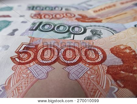 Russian Ruble Currency, Financial And Wealthy Concepts. Time To Pay Taxes.  Banknotes Of 5000 And 10