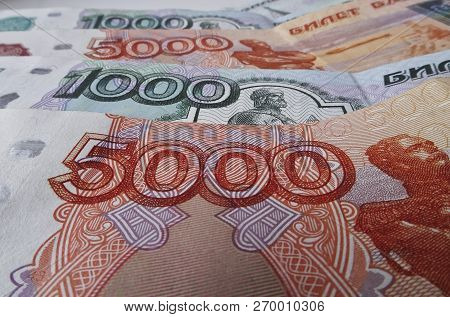 Russian Ruble Currency, Financial And Wealthy Concepts. Time To Pay Taxes.  Banknotes Of 5000 And 10