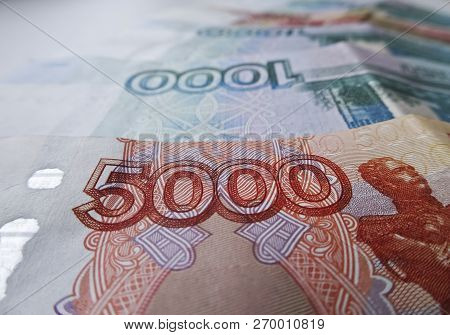 Russian Ruble Currency, Financial And Wealthy Concepts. Time To Pay Taxes.  Banknotes Of 5000 And 10