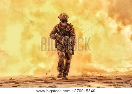 Army Soldier Breaking Through Battlefield Covered Flame