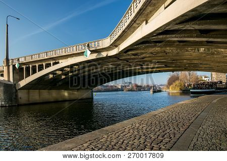 View Of Prague Castle Under Jirasek Bridge, Riverbank, Moldau River, Czech Republic, Europe, Cobble 