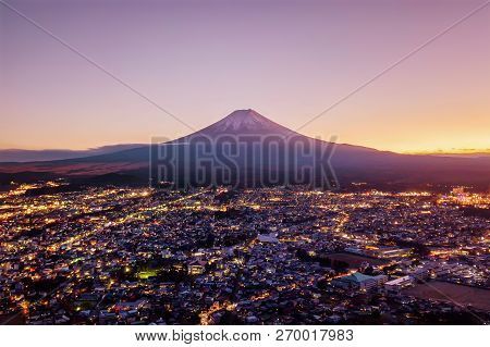 Aerial View Of Fuji Mountain At Sunset In Fujikawaguchiko, Yamanashi. Urban City, Japan. Landscape W