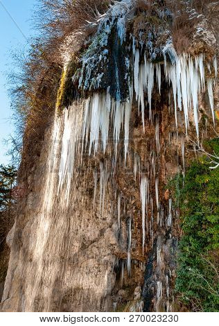 Stalactites in the Caves of Valganna in frosty winter day, province of Varese, Italy