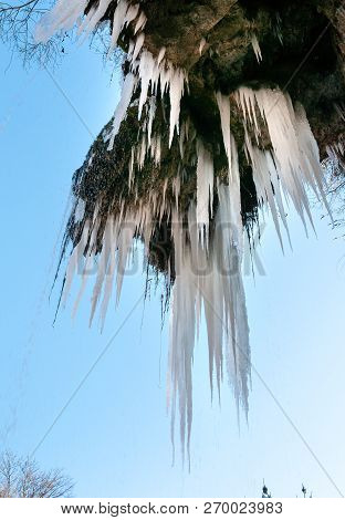 Stalactites in the Caves of Valganna in frosty winter day, province of Varese, Italy