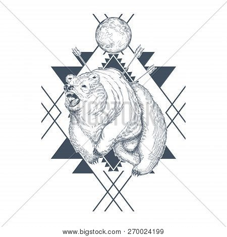 Vector Hand Drawn Angry Bear, Planet In Abstract Geometric Shapes, Wounded Beast By Arrows. Decorati
