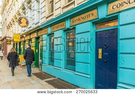 London. November 2018. A View Of Coin And Antique Shops Around The British Museum In London