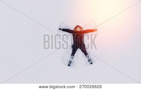 Drone Top View Snow Angel Man In December