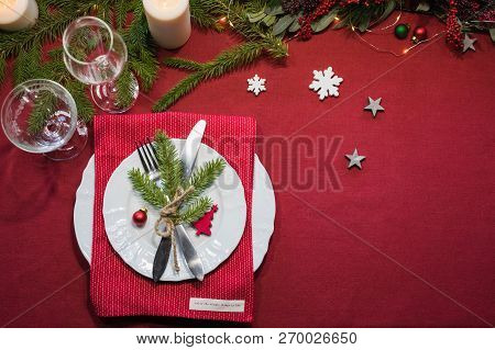 Christmas Red Festive Table Setting With Fir-nbranches