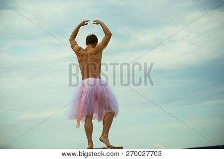 Funny Man Freak. Crazy Ballerina. Drag Queen. Man In Ballerina Skirt Outdoor. Man Dancing In Tutu In