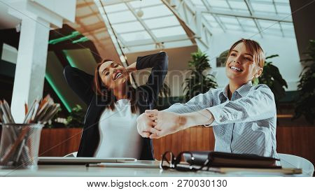 Sport Lifestyle. Healthcare Of Business People. Yoga Practice. Employee Practicing On Chair In Offic
