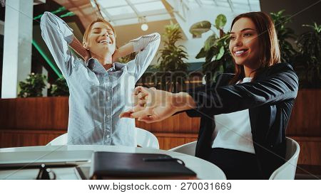 Sport Lifestyle. Healthcare Of Business People. Yoga Practice. Employee Practicing On Chair In Offic