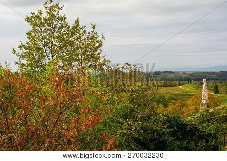 The Autumn Landscape In The Collio Vineyard Area Of Friuli Venezia Giulia, North West Italy, Showing