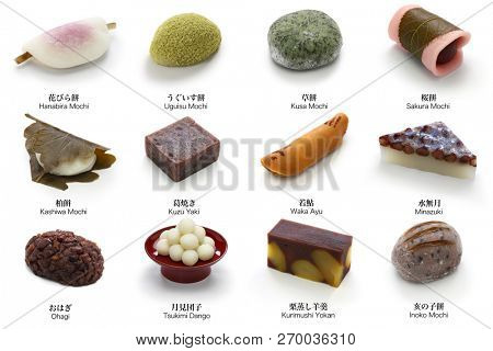 various wagashi, Japanese traditional sweets for tea ceremony 

