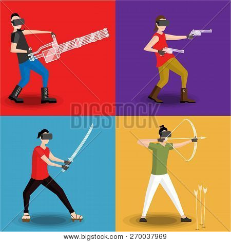 Set Of Four Men Gaming In Virtual Reality Glasses With Virtual Minigun, Revolver, Bow And Katana. In