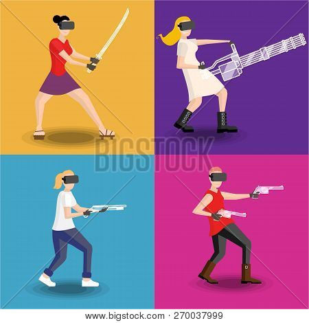 Set Of Four Women Gaming In Virtual Reality Glasses With Virtual Minigun, Revolver,shotgun And Katan