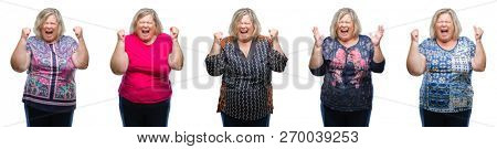 Collage of senior fat woman over isolated background crazy and mad shouting and yelling with aggressive expression and arms raised. Frustration concept.