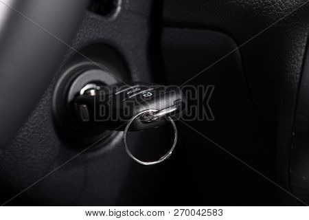 Car Ignition Key Closeup. Car Key In The Ignition.