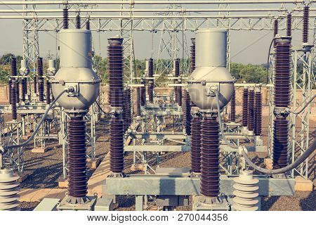 High Voltage Transformer Modern Substation Electrical Switchyard.