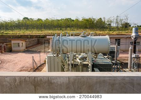 High Voltage Power Transformer In Electrical Switchyard.
