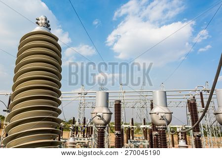 High Voltage Transformer Modern Substation Electrical Switchyard.