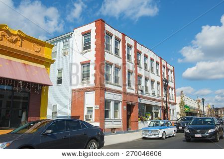 Framingham, Ma, Usa - Oct. 17, 2016: Framingham Historic Buildings On Hollis Street In Downtown Fram