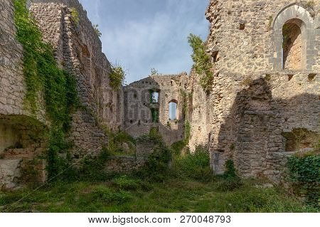 The Ruins Of The Abandoned Castle (rocca Di Piediluco) On The Hill Of The Town Of Piediluco. Umbria,