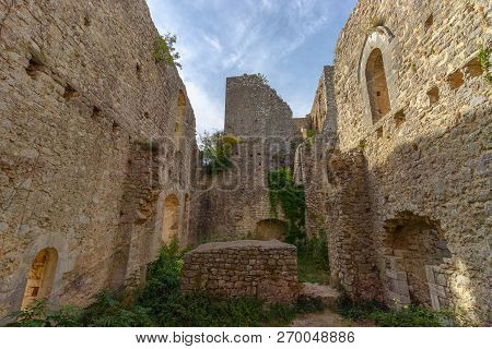 The Ruins Of The Abandoned Castle (rocca Di Piediluco) On The Hill Of The Town Of Piediluco. Umbria,
