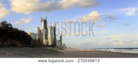 The Skyscrapers Of The Gold Coast Seen From The Beach At Broadbeach Before Sunset.