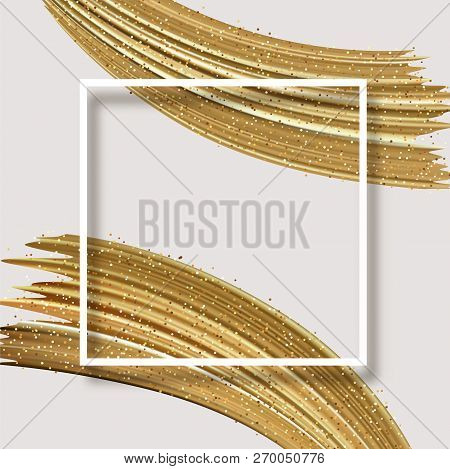 White Abstract Card With Square Frame And Golden Shiny Brush Str
