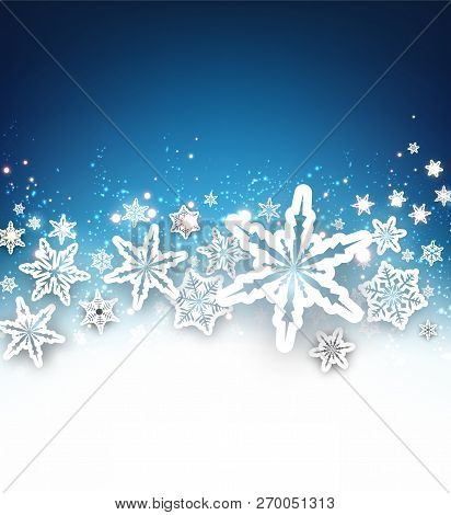 Blue Winter Poster With White Shiny Snowflakes For Seasonal, Chr