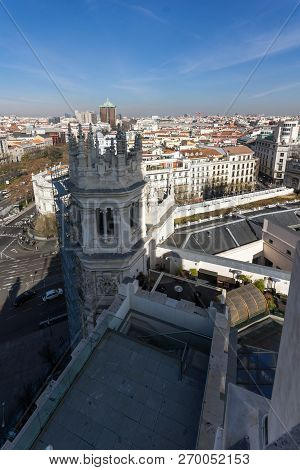 Madrid, Spain - January 24, 2018:  View From The Terrace Of Cybele Palace (palacio De Cibeles), Madr