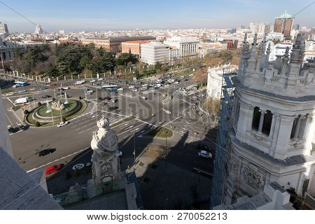 Madrid, Spain - January 24, 2018:  View From The Terrace Of Cybele Palace (palacio De Cibeles), Madr