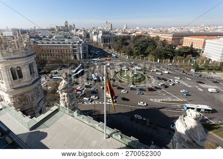 Madrid, Spain - January 24, 2018:  View From The Terrace Of Cybele Palace (palacio De Cibeles), Madr