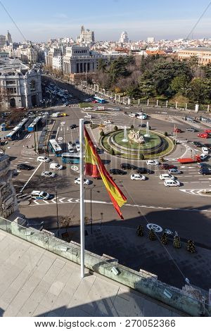 Madrid, Spain - January 24, 2018:  View From The Terrace Of Cybele Palace (palacio De Cibeles), Madr
