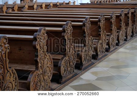 WEINGARTEN, GERMANY - JULY 12, 2018: Pews in the Basilica of St. Martin and Oswald in Weingarten, Germany