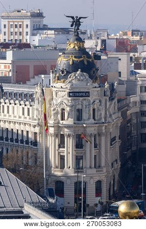 Madrid, Spain - January 24, 2018:  View From The Terrace Of Cybele Palace (palacio De Cibeles), Madr