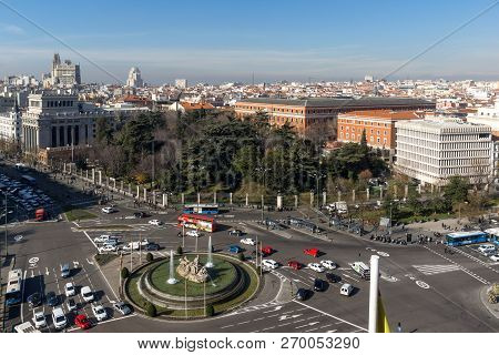 Madrid, Spain - January 24, 2018:  View From The Terrace Of Cybele Palace (palacio De Cibeles), Madr