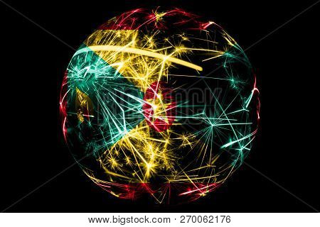 Abstract Grenada Sparkling Flag, Christmas Ball Holiday Concept Isolated On Black Background
