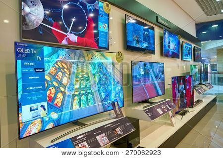 MOSCOS, RUSSIA - SEPTEMBER 20, 2018: interior shot of Samsung store in Moscow.