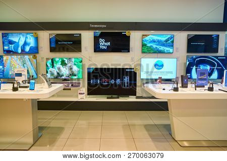 MOSCOS, RUSSIA - SEPTEMBER 20, 2018: interior shot of Samsung store in Moscow.