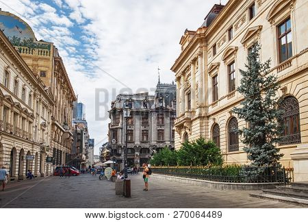 Bucharest, Romania - September 9, 2017: Panoramic View Of Walking Tourists On The Street Of The Hist