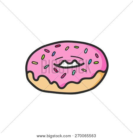 Cute Pink Donut Drawing. Junk Food. Vector Isolated. Illustration
